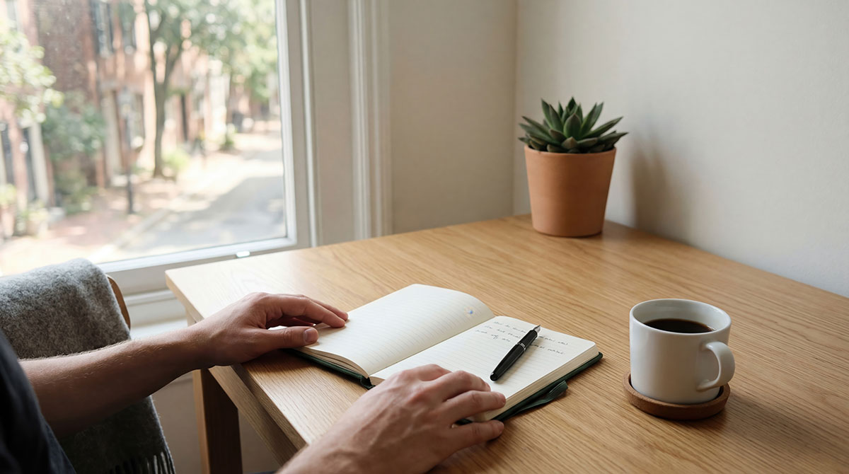 man writing on journal